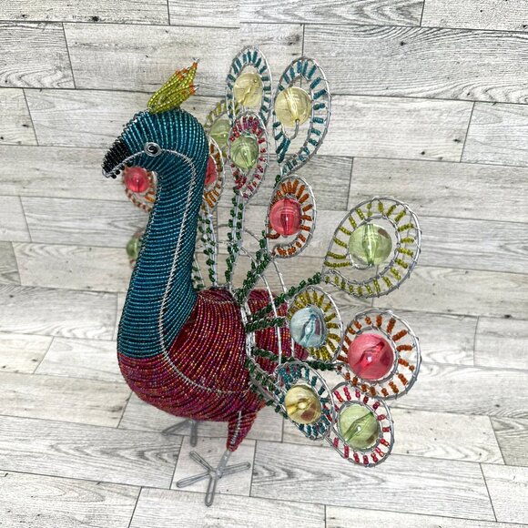 NWT BeadWorx Grass Roots Wired Colored Glass 13" Beaded Peacock Figurine - Picture 5 of 10